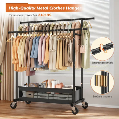 Heavy Duty Clothing Racks with NetPocket Holds Up to 210lbs