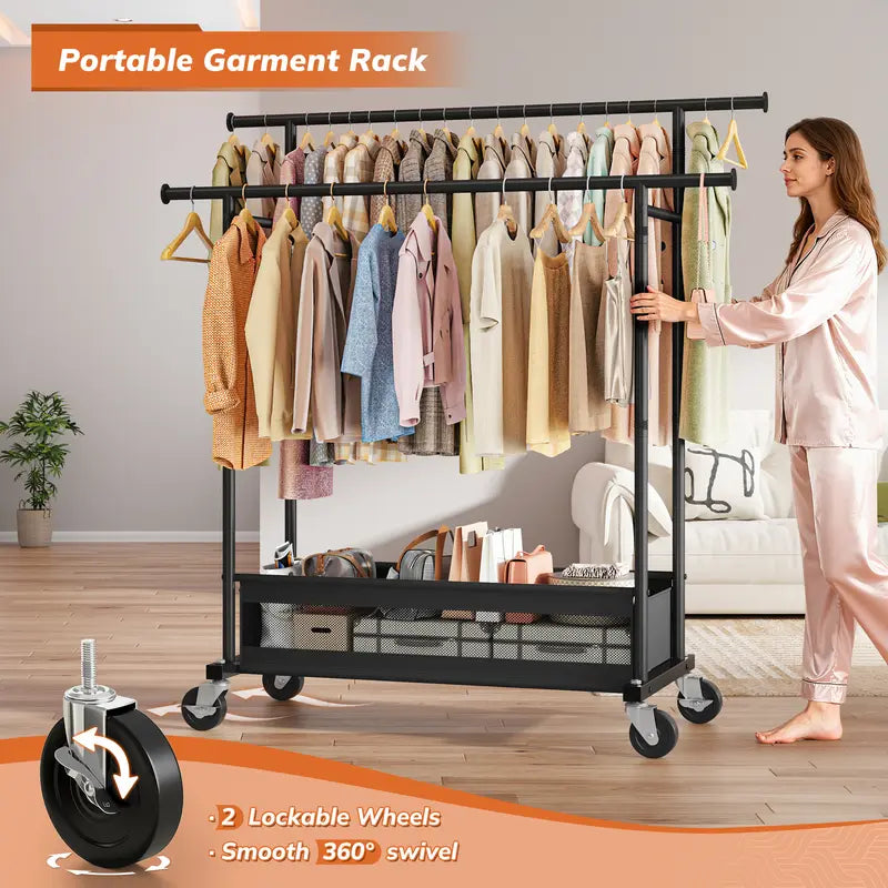Heavy Duty Clothing Racks with NetPocket Holds Up to 210lbs